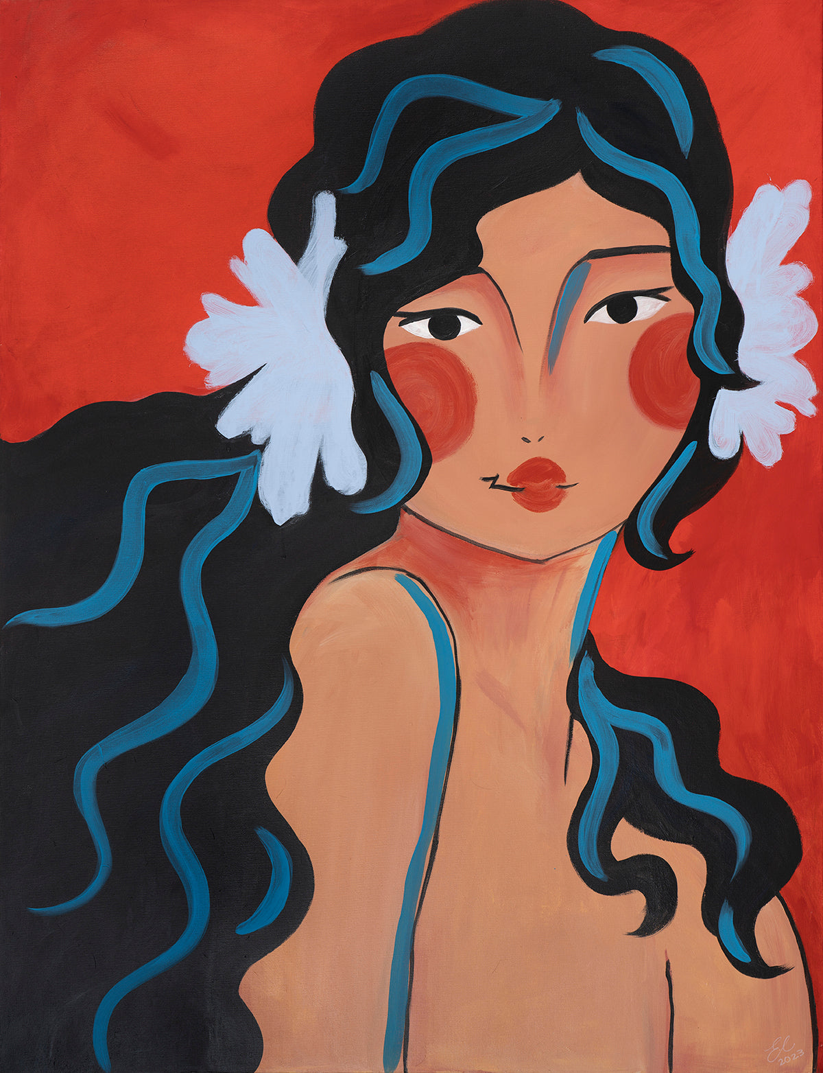 Print: Girl On Red by Emily Loke, set against a striking red background, this bold portrait invites the viewer to reflect on the evolving representation of women in art and society