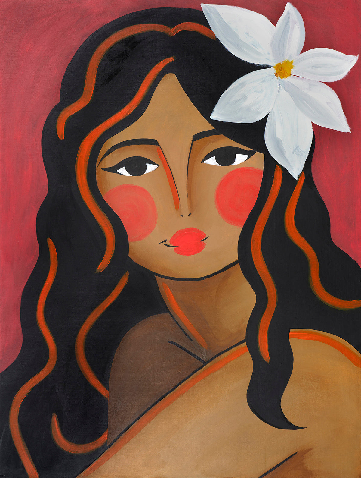 Girl With Magnolia by Emily Loke, executed in rich, warm hues, this painting draws inspiration from the aesthetics of tropical art while celebrating the quiet confidence of a woman who exists on her own terms