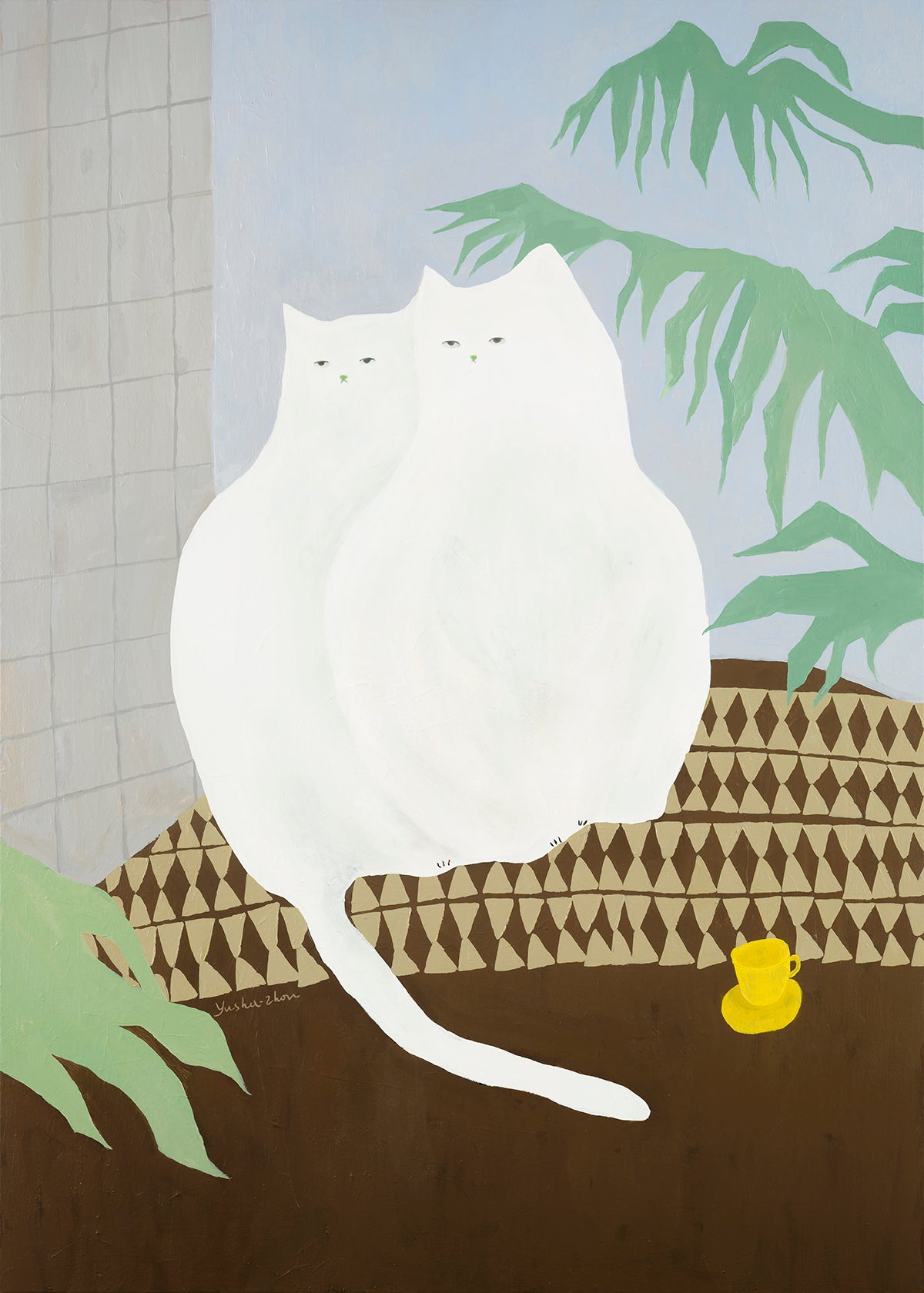 Print: The Twin Cats by artist Yusha Zhou, two white cats sit side by side in a quiet interior