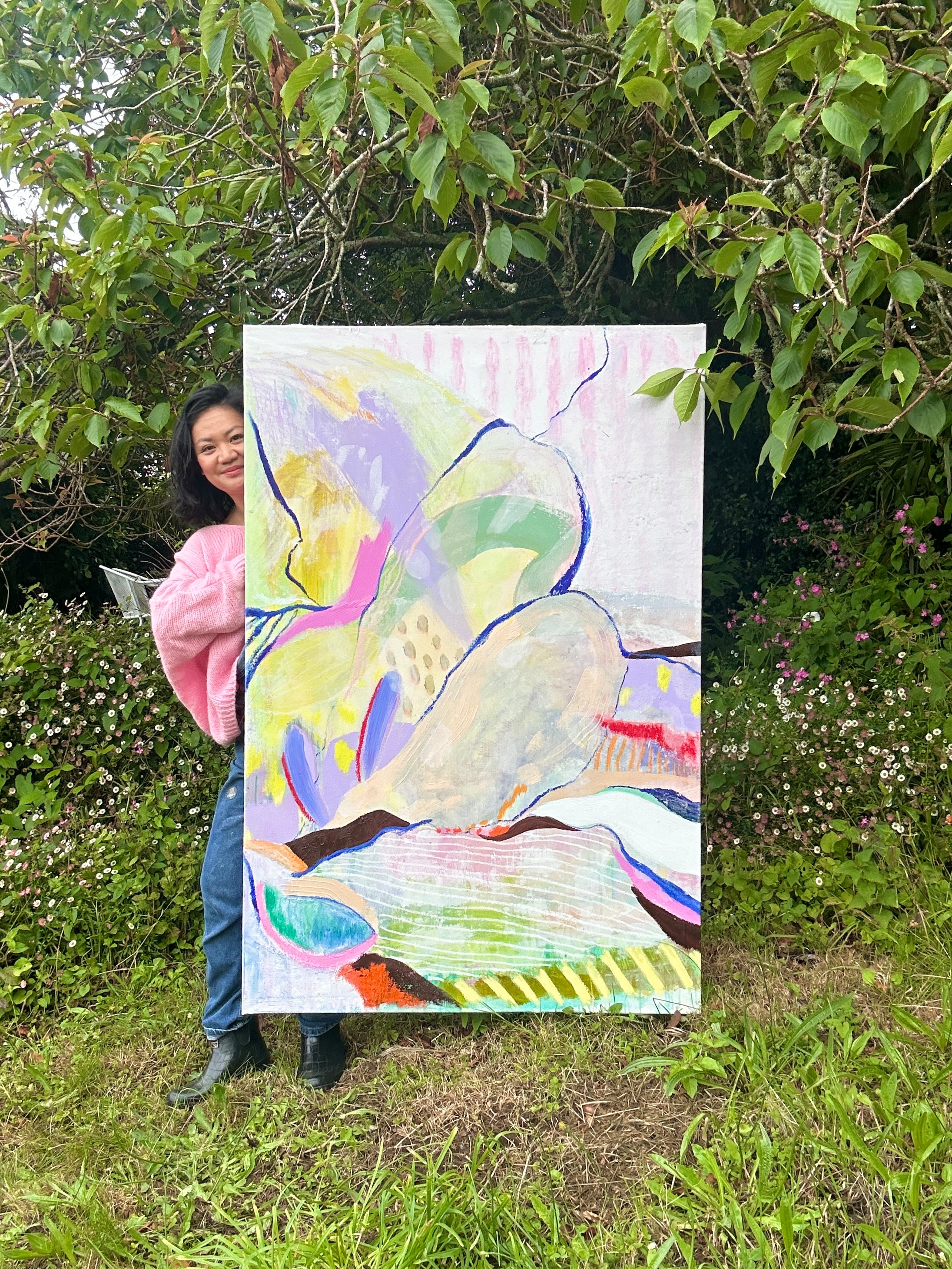 Original Artwork: Long Distance with artist Chen Sands, mixed media, acrylic, watercolour, and oil pastel, celebrates friendships that have stayed true, even when miles apart