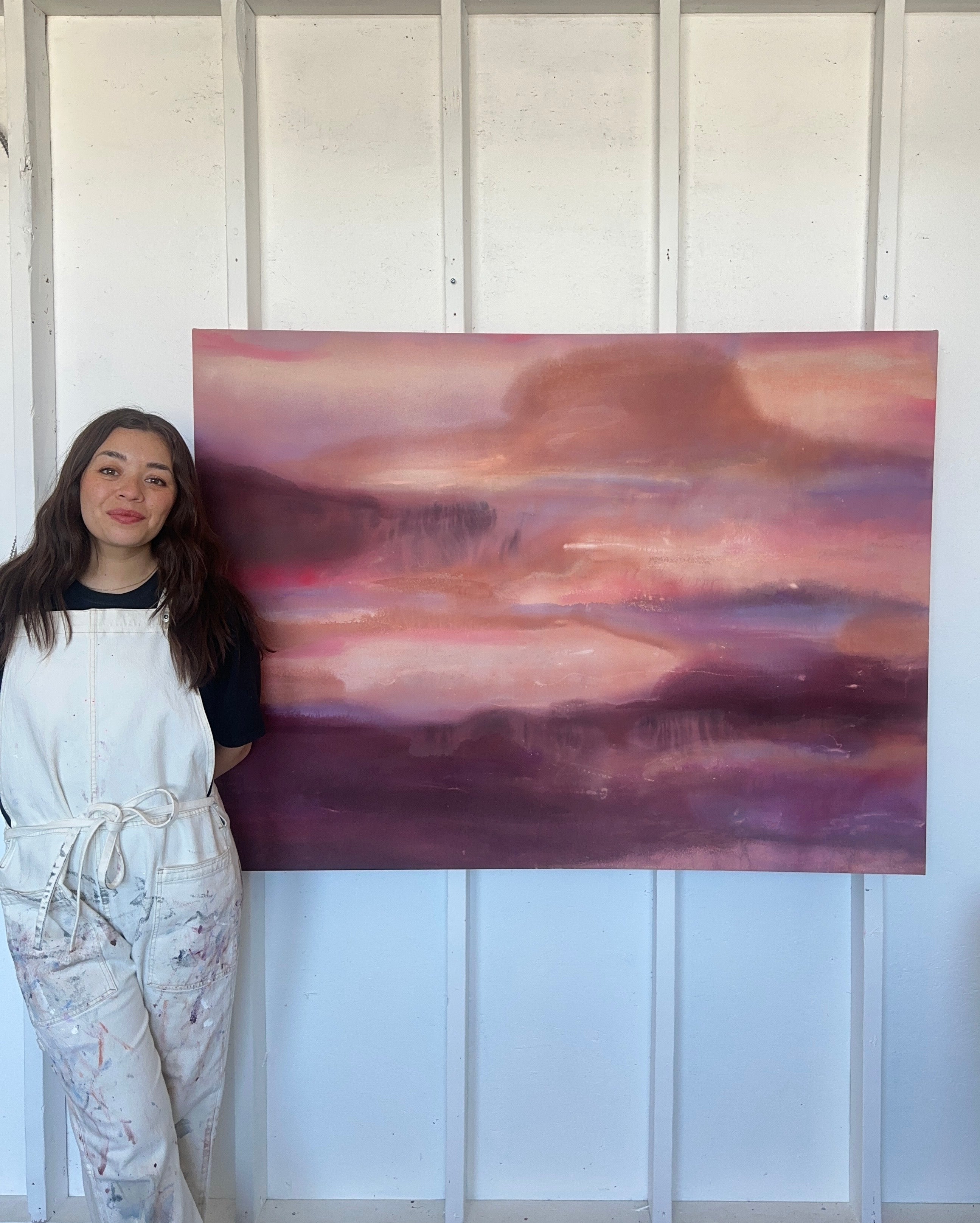 Artwork Unknowns No. 1 with artist Melanie Cheung, acrylic, graphite and oil pastel on cotton canvas, hinting at a landscape that feels familiar, even if we can't pinpoint why
