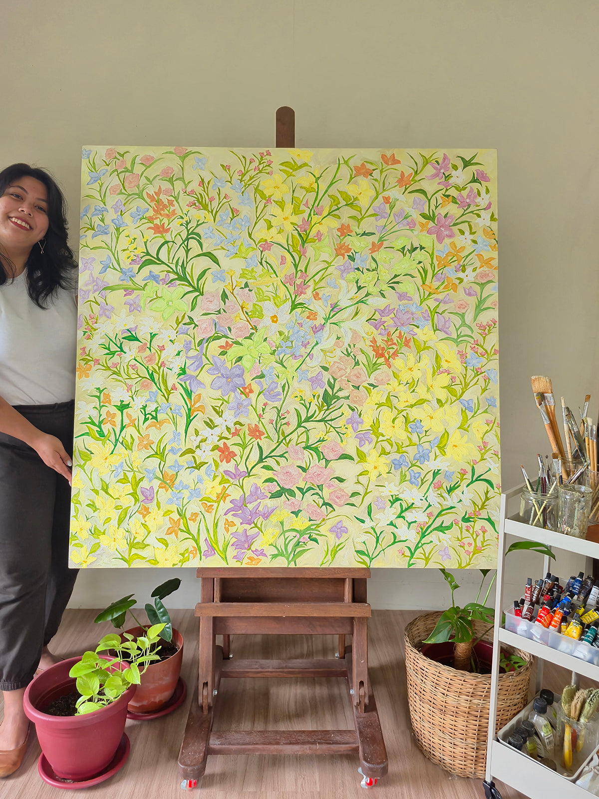 Artwork A Gathering of Wildflowers with artist Tia Avila, oil on canvas, a love letter to why we surround ourselves with flowers