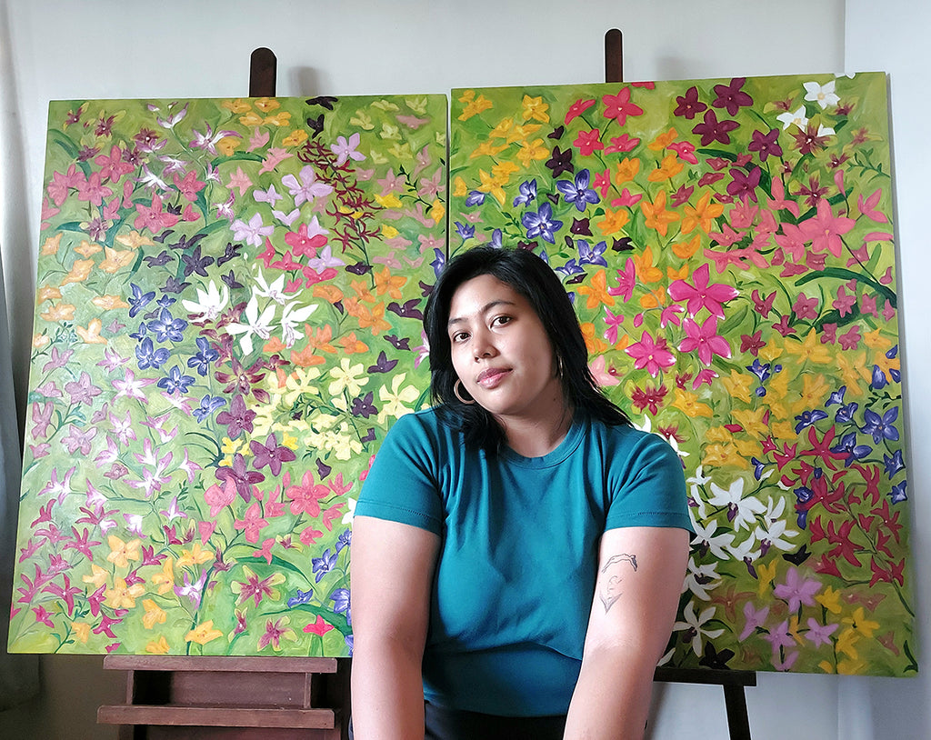 Original Artwork: Artwork diptych Orchids in the Wind I and Orchids in the Wind II with artist Tia Avila, oil on canvas, captures the breathless movement of nature in a garden of orchids