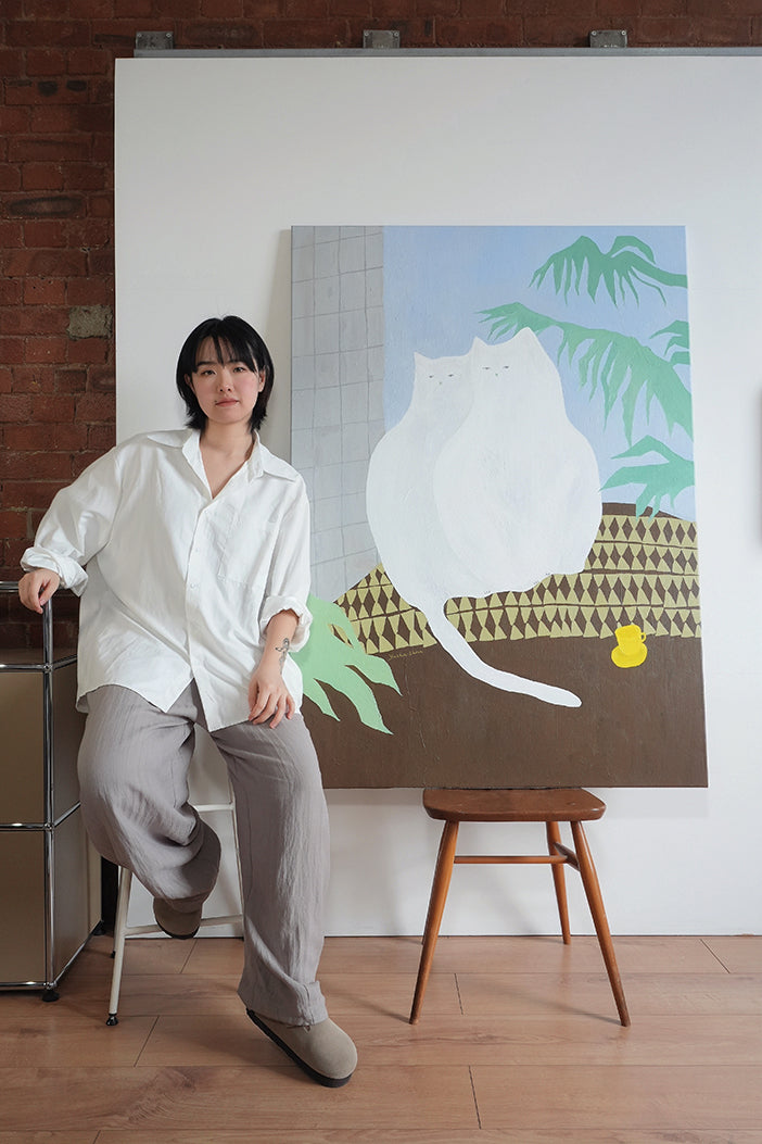 Original Artwork: The Twin Cats by artist Yusha Zhou, acrylic on canvas, two white cats sit side by side in a quiet interior