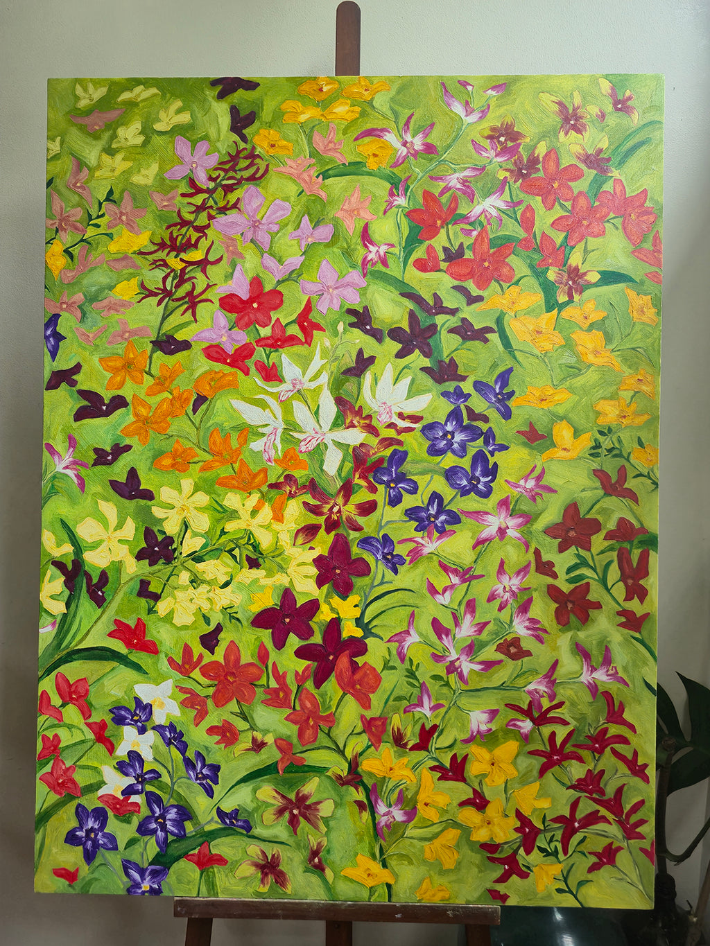 Original Artwork: Orchids in the Wind II by Tia Avila, oil on canvas, captures the breathless movement of nature in a garden of orchids