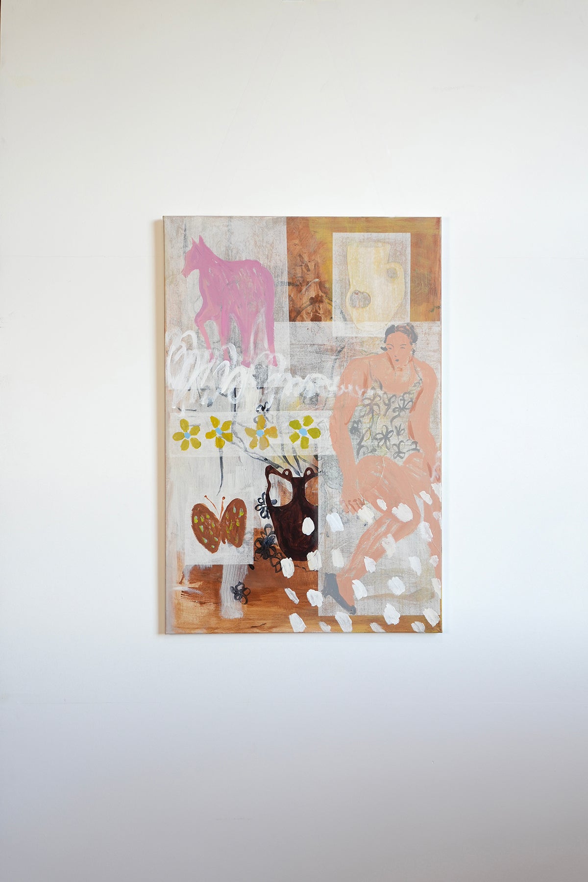 No Perfect Fit by Yusha Zhou, acrylic and mixed media on canvas, bringing together a quiet constellation of symbols: a horse, a butterfly, a vessel, and a seated woman