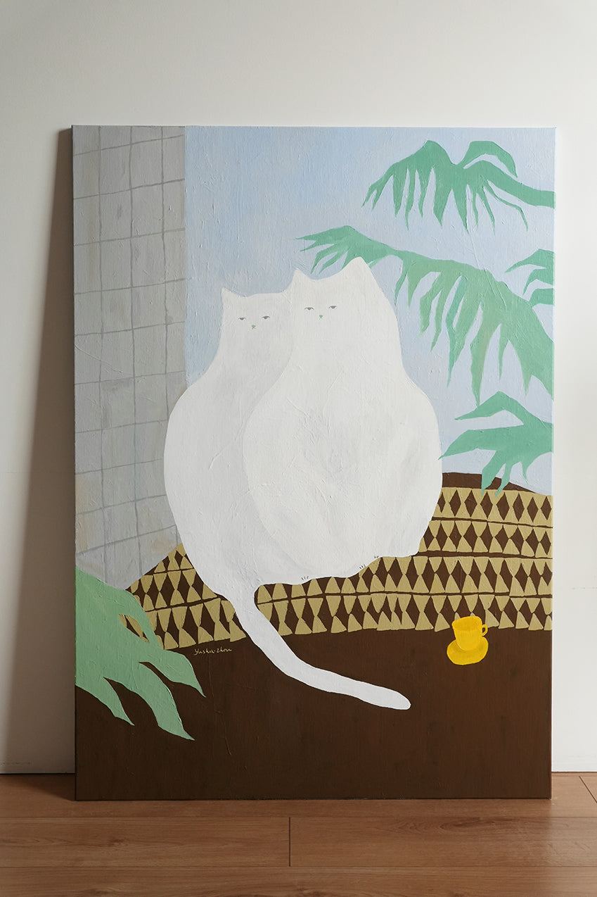 Original Artwork: The Twin Cats by artist Yusha Zhou, acrylic on canvas, two white cats sit side by side in a quiet interior