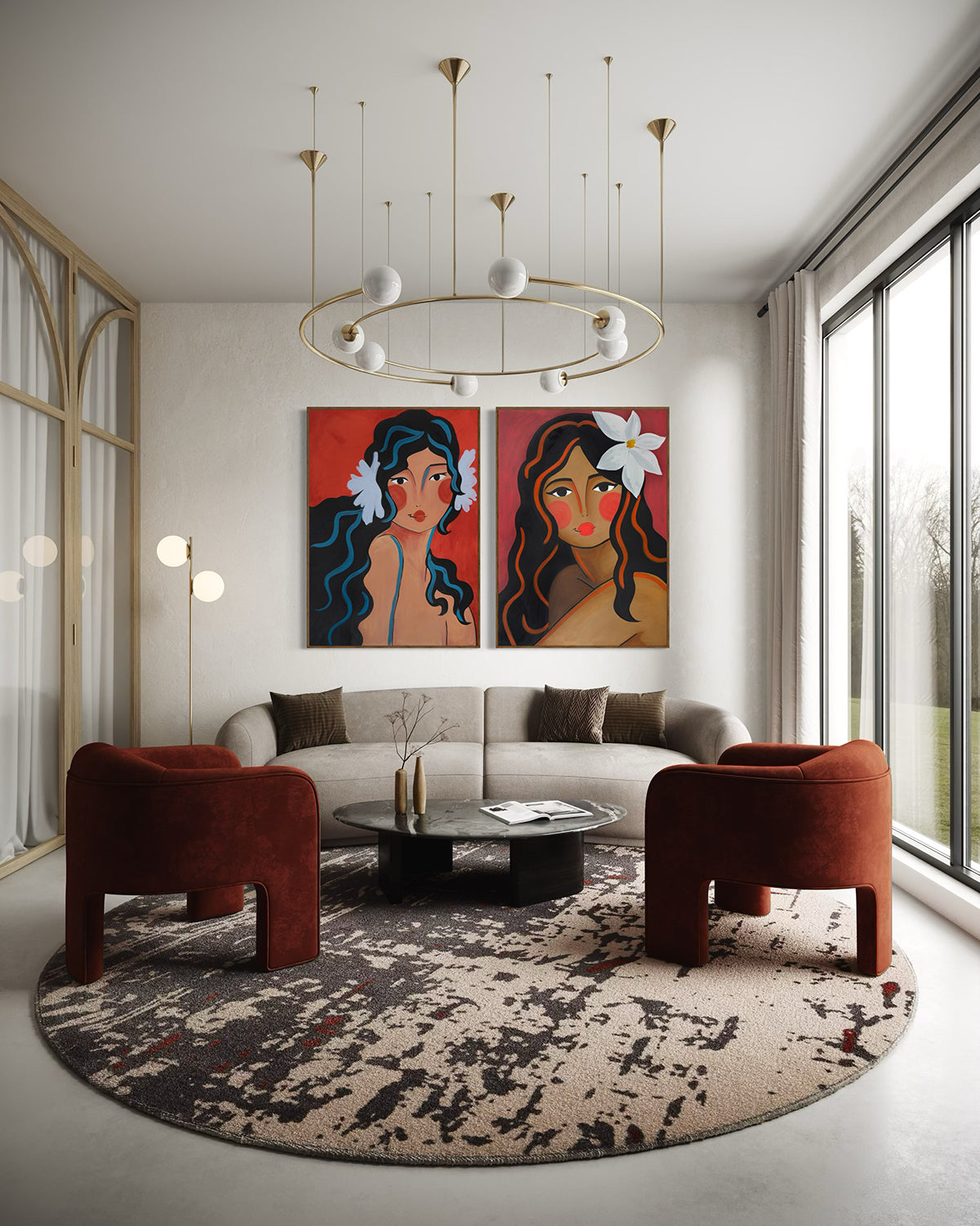 Diptych: Girl On Red & Girl With Magnolia by Emily Loke, embodying a modern feminist perspective and self-assurance