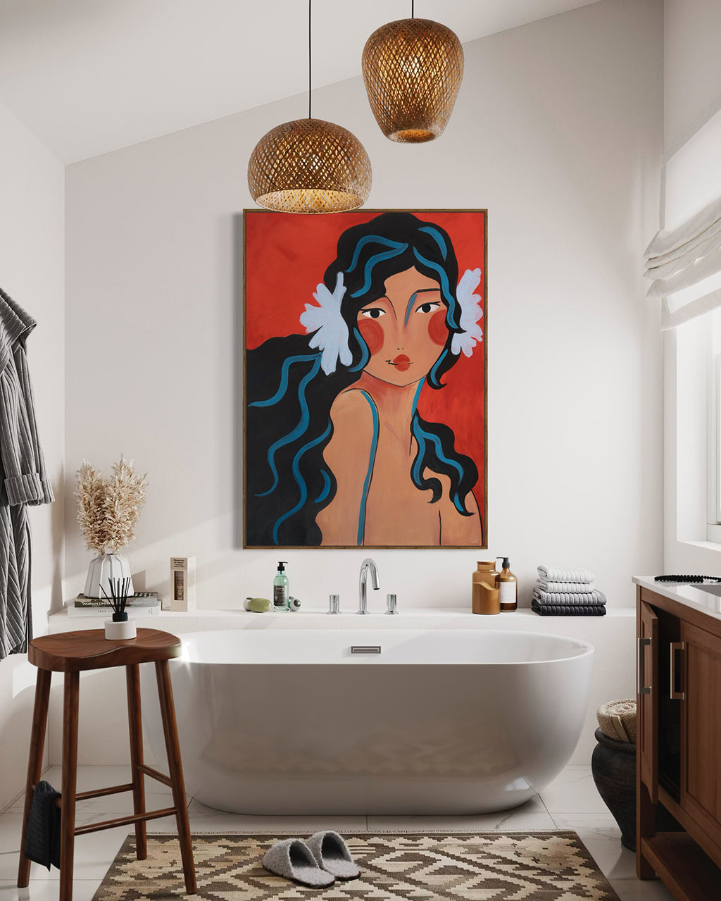 Print: Girl On Red by Emily Loke, set against a striking red background, this bold portrait invites the viewer to reflect on the evolving representation of women in art and society