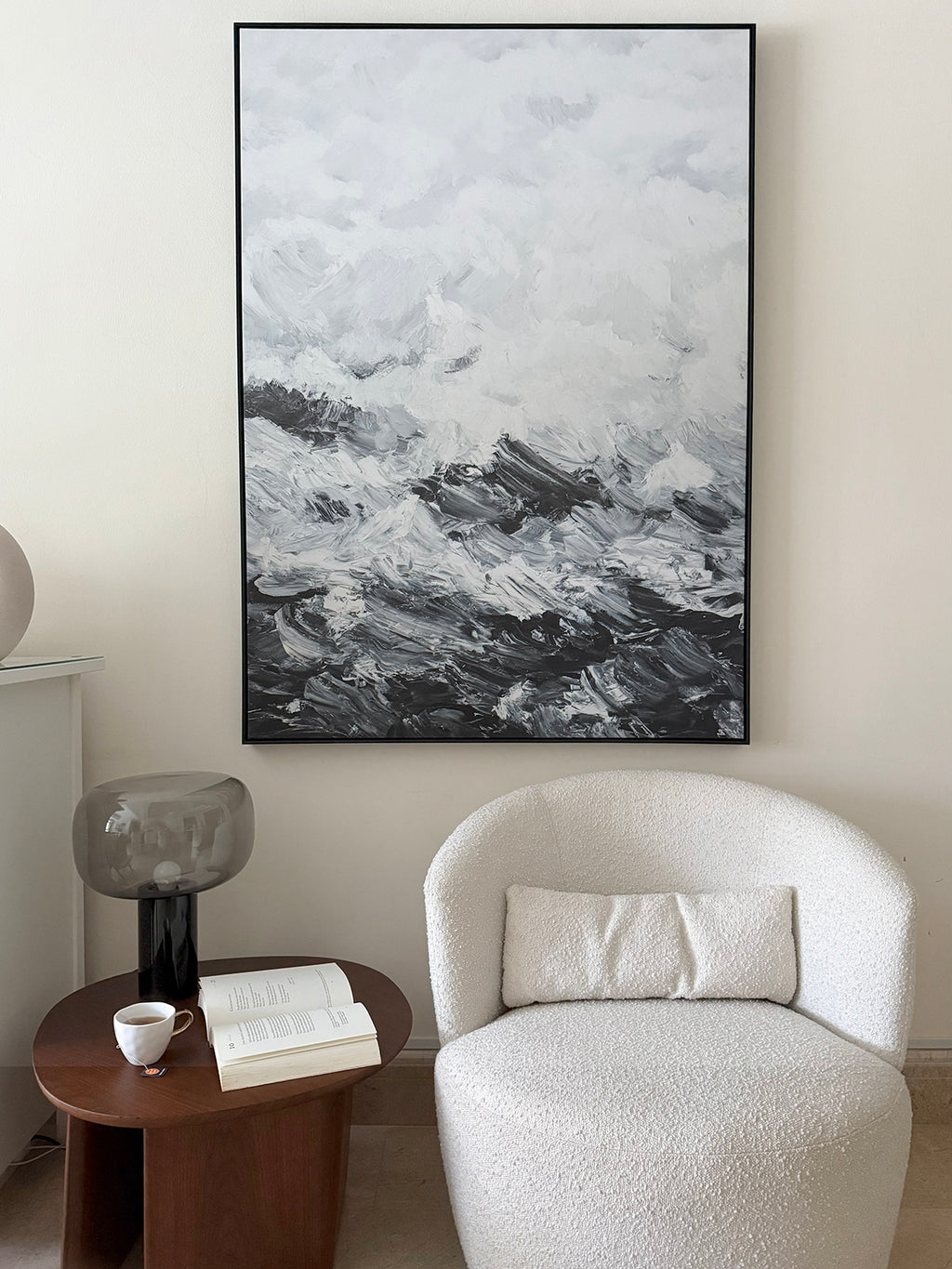 Print: Storm At The Marina by Emily Loke, juxtaposing dramatic imagery with a sophisticated monochromatic palette, Storm at the Marina is a commanding abstract that evokes the raw energy of a tempest over water