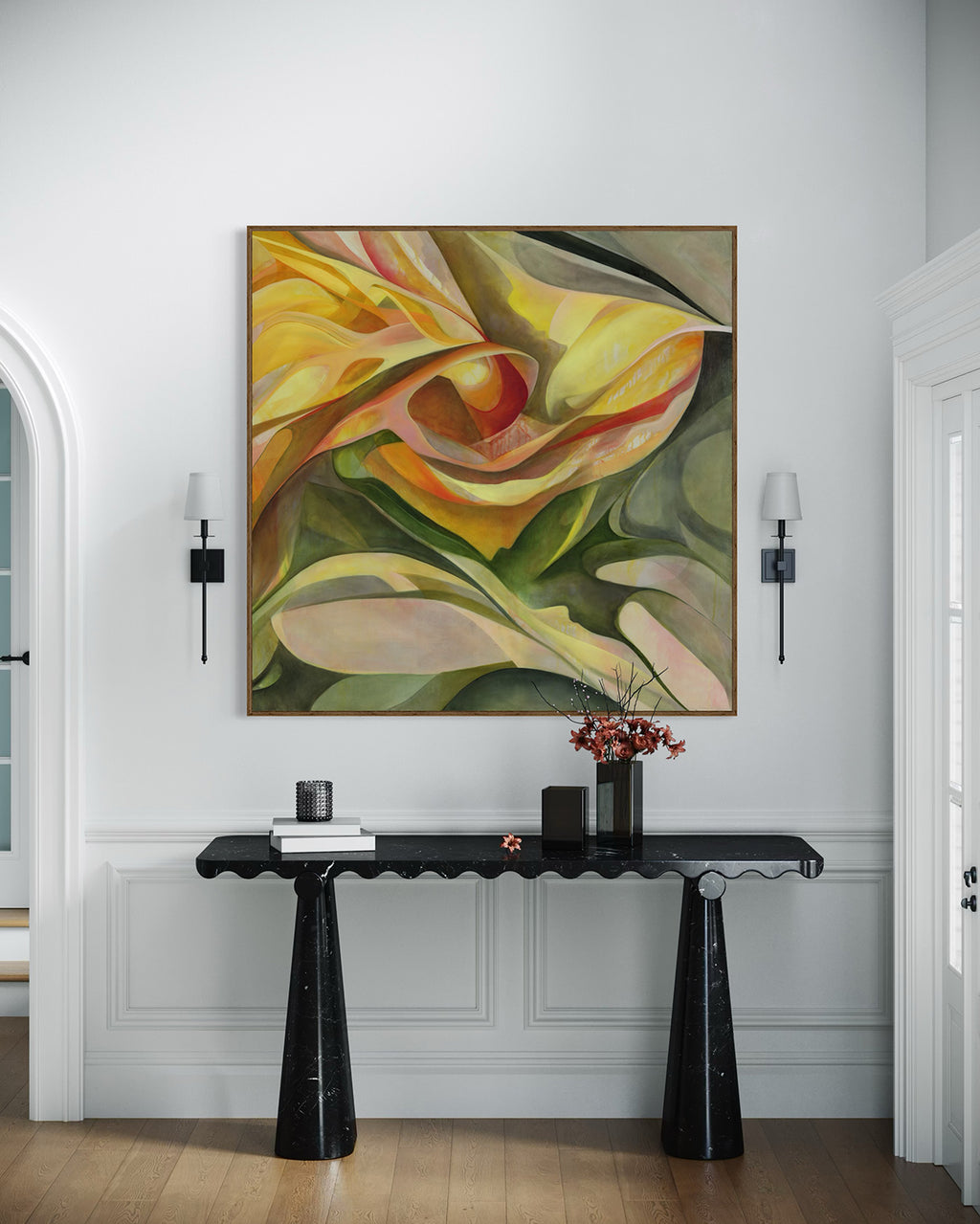 Unfolding by Mya Naidoo, a single flower fills the canvas, its form softened by late sunlight