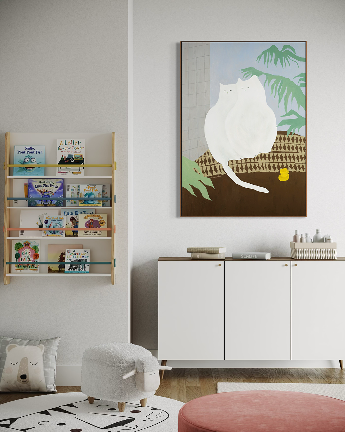 Print: The Twin Cats by artist Yusha Zhou, two white cats sit side by side in a quiet interior