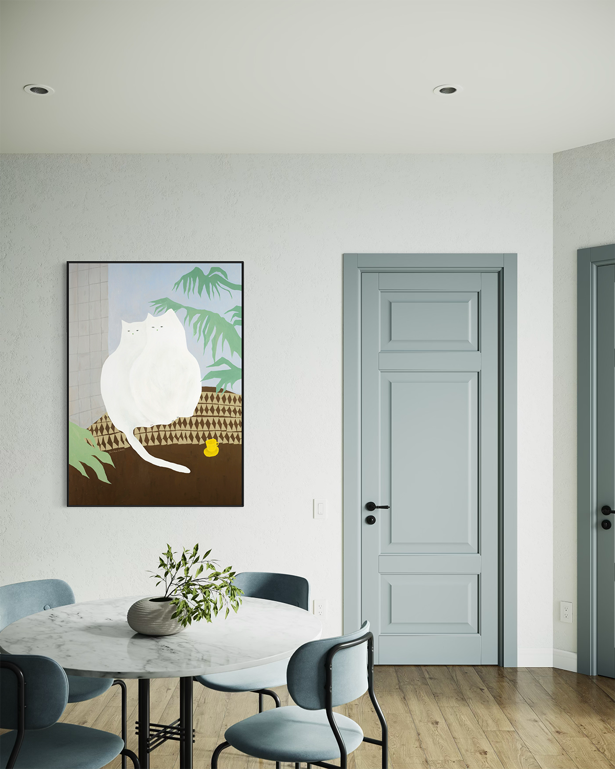Print: The Twin Cats by artist Yusha Zhou, two white cats sit side by side in a quiet interior