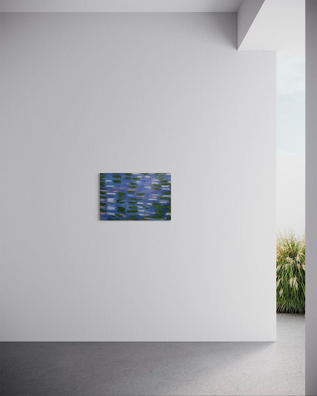 Original Artwork: Still Water, Green Leaves by artist Aimi Kaiya, mixed media on canvas, this work reflects a contemplative connection with nature, expressing stillness and a serene, peaceful presence through subtle layers and gentle movement