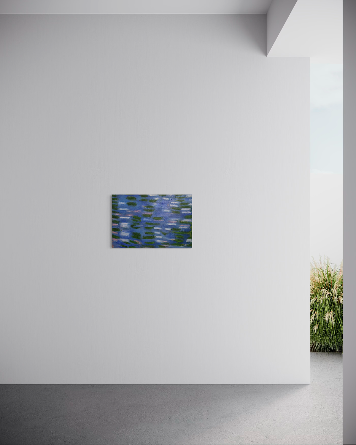 Original Artwork: Still Water, Green Leaves by artist Aimi Kaiya, mixed media on canvas, this work reflects a contemplative connection with nature, expressing stillness and a serene, peaceful presence through subtle layers and gentle movement