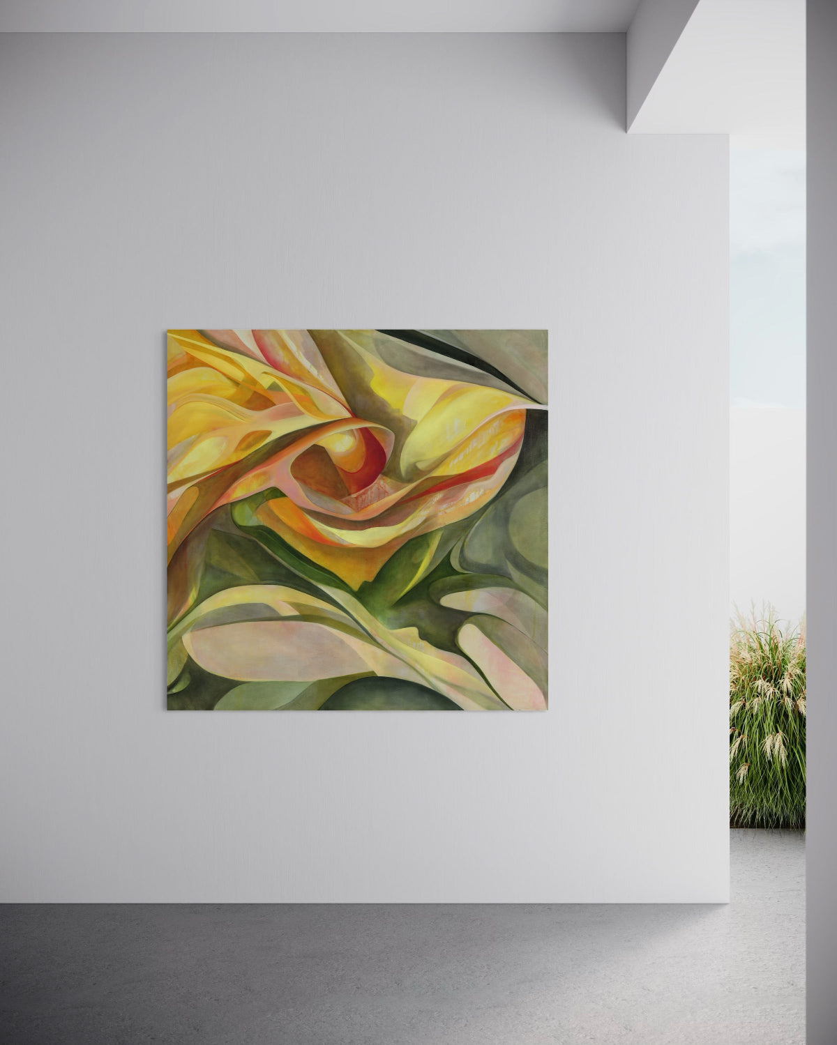 Original Artwork: Unfolding by Mya Naidoo, oil on canvas, a single flower fills the canvas, its form softened by late sunlight