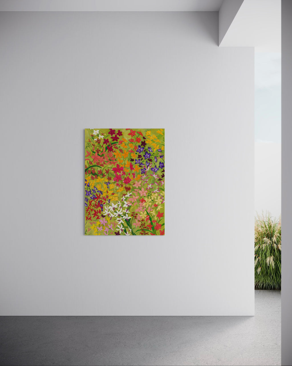Original Artwork: Orchids in the Wind I by Tia Avila, oil on canvas, captures the breathless movement of nature in a garden of orchids