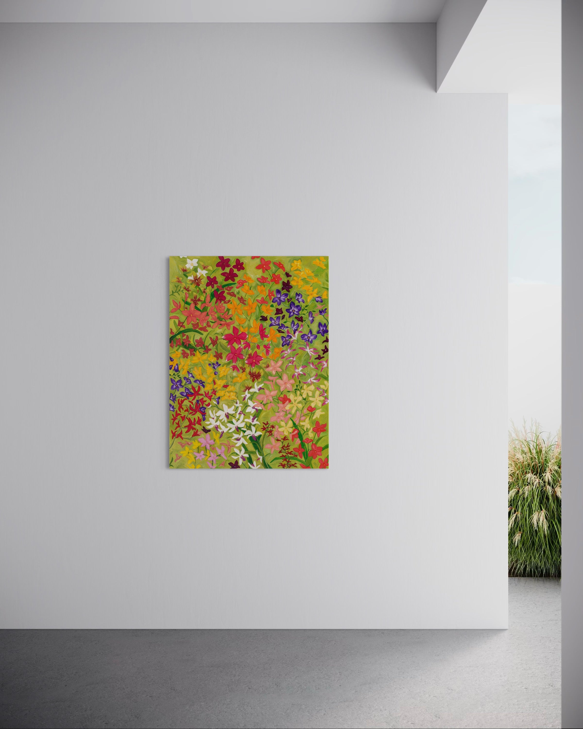 Original Artwork: Orchids in the Wind I by Tia Avila, oil on canvas, captures the breathless movement of nature in a garden of orchids