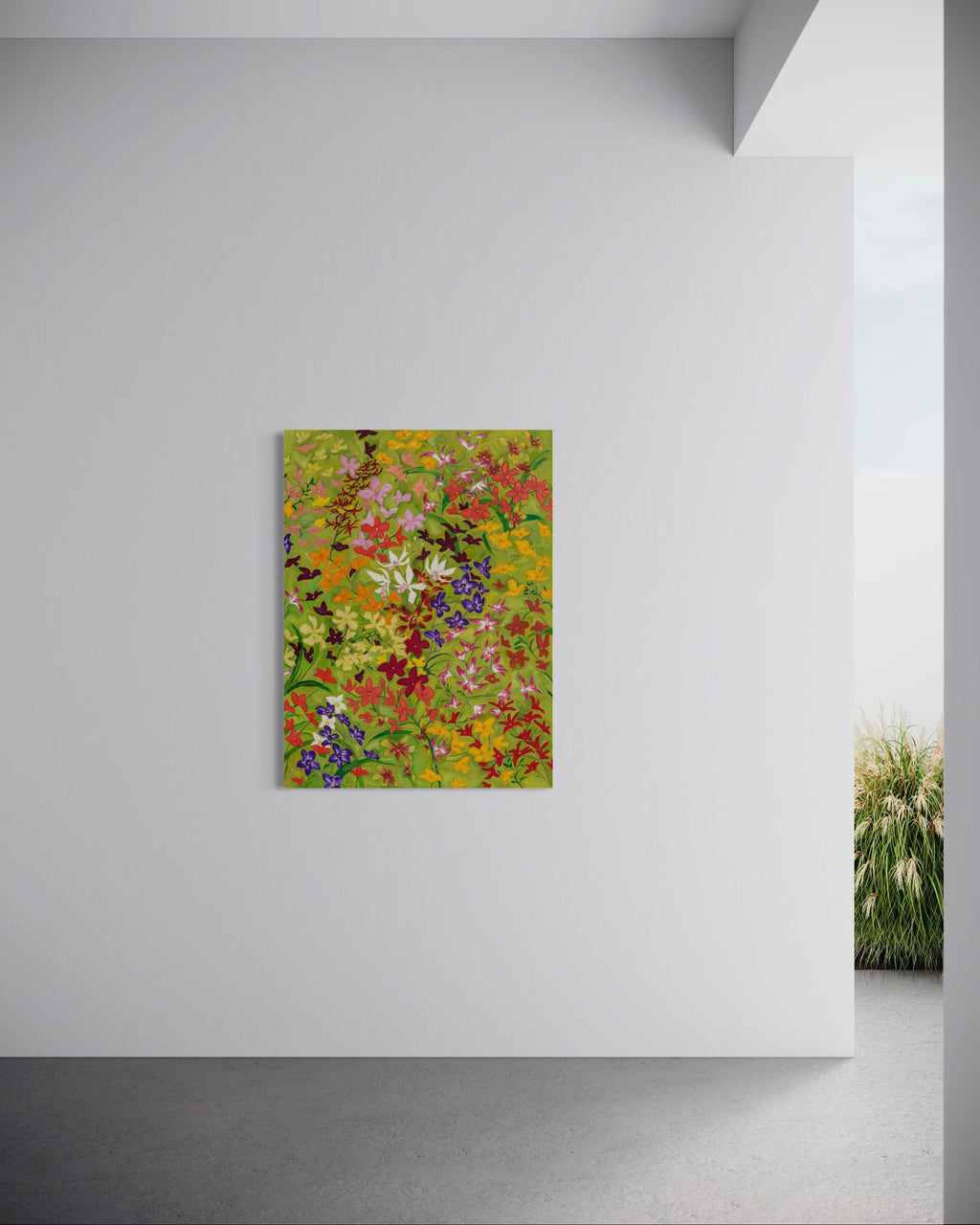 Original Artwork: Orchids in the Wind II by Tia Avila, oil on canvas, captures the breathless movement of nature in a garden of orchids