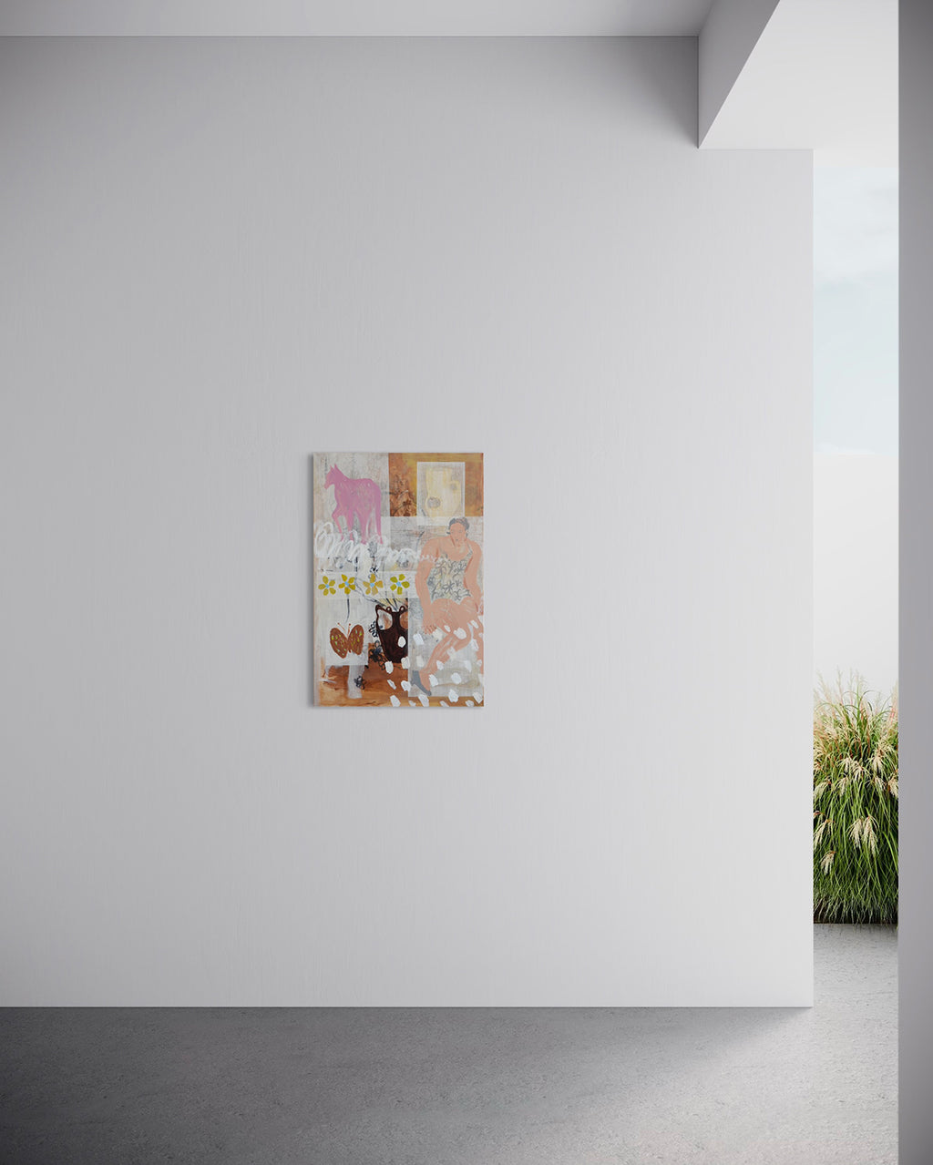 Original Artwork: No Perfect Fit by Yusha Zhou, acrylic and mixed media on canvas, bringing together a quiet constellation of symbols: a horse, a butterfly, a vessel, and a seated woman
