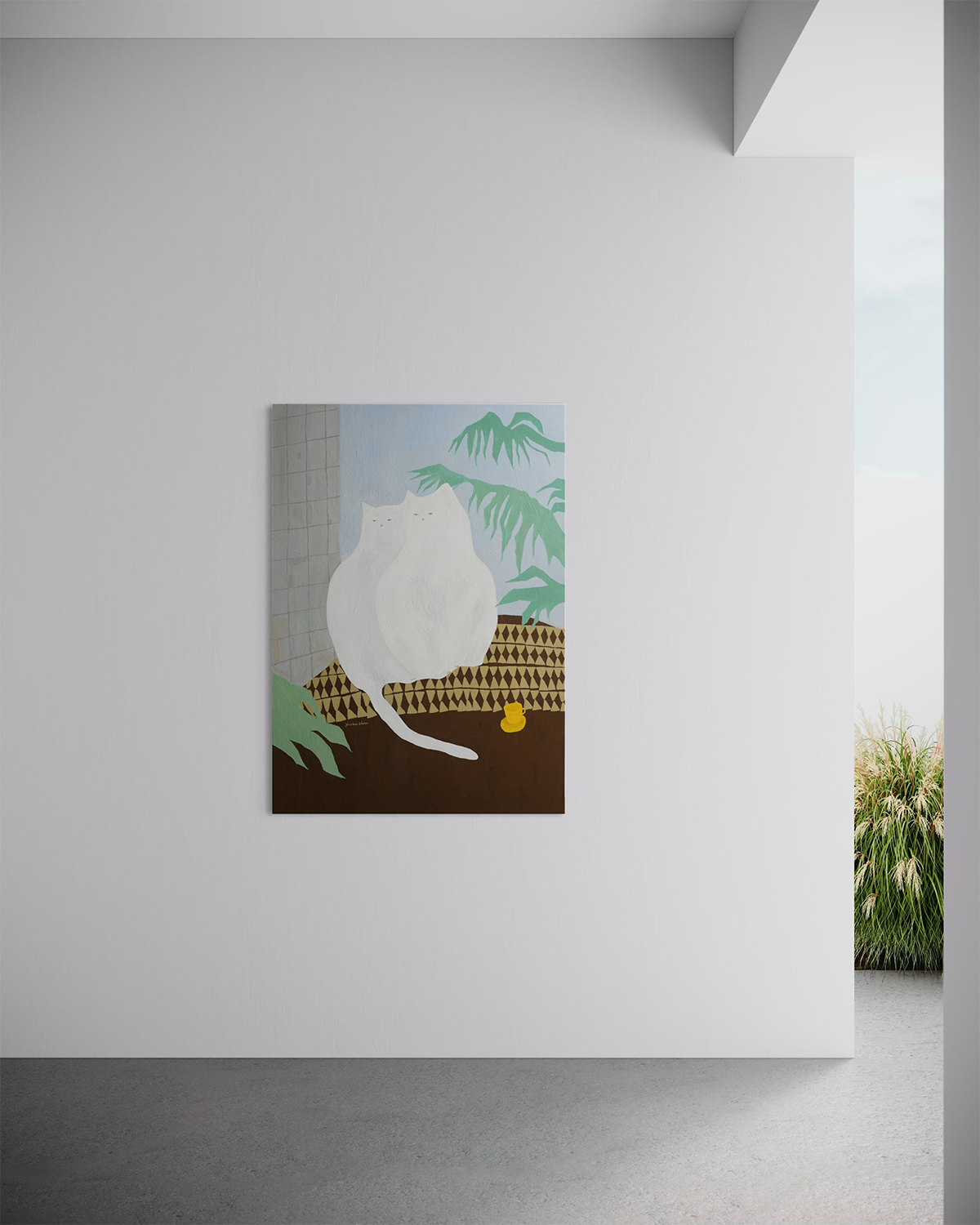 Original Artwork: The Twin Cats by artist Yusha Zhou, acrylic on canvas, two white cats sit side by side in a quiet interior